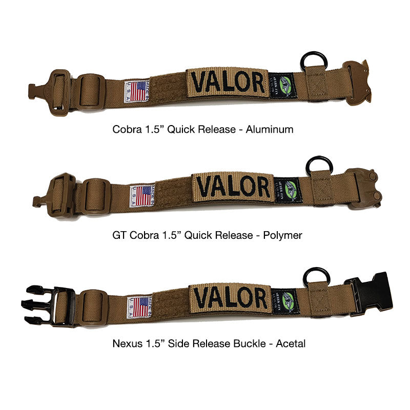 Tactical Dog Collars shown with three buckle types