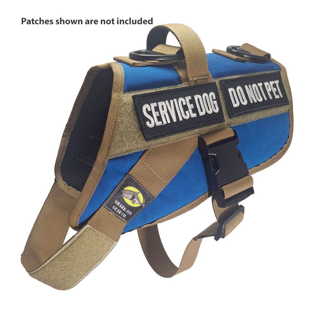 service dog vest medium color blue shown with 2 patches