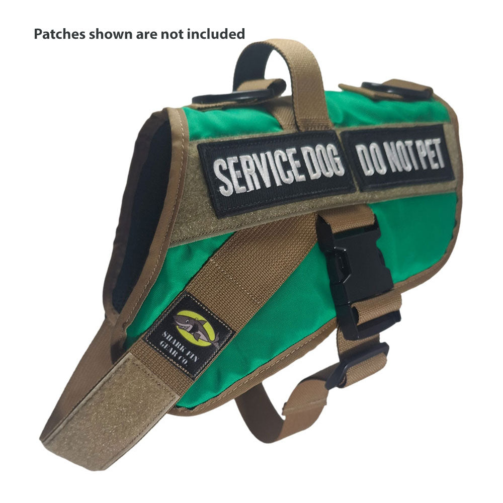 service dog vest medium color green shown with 2 patches