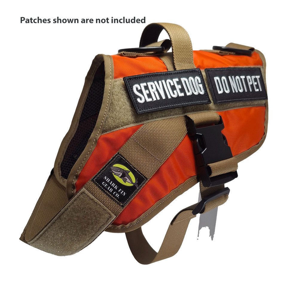 service dog vest medium color orange shown with 2 patches