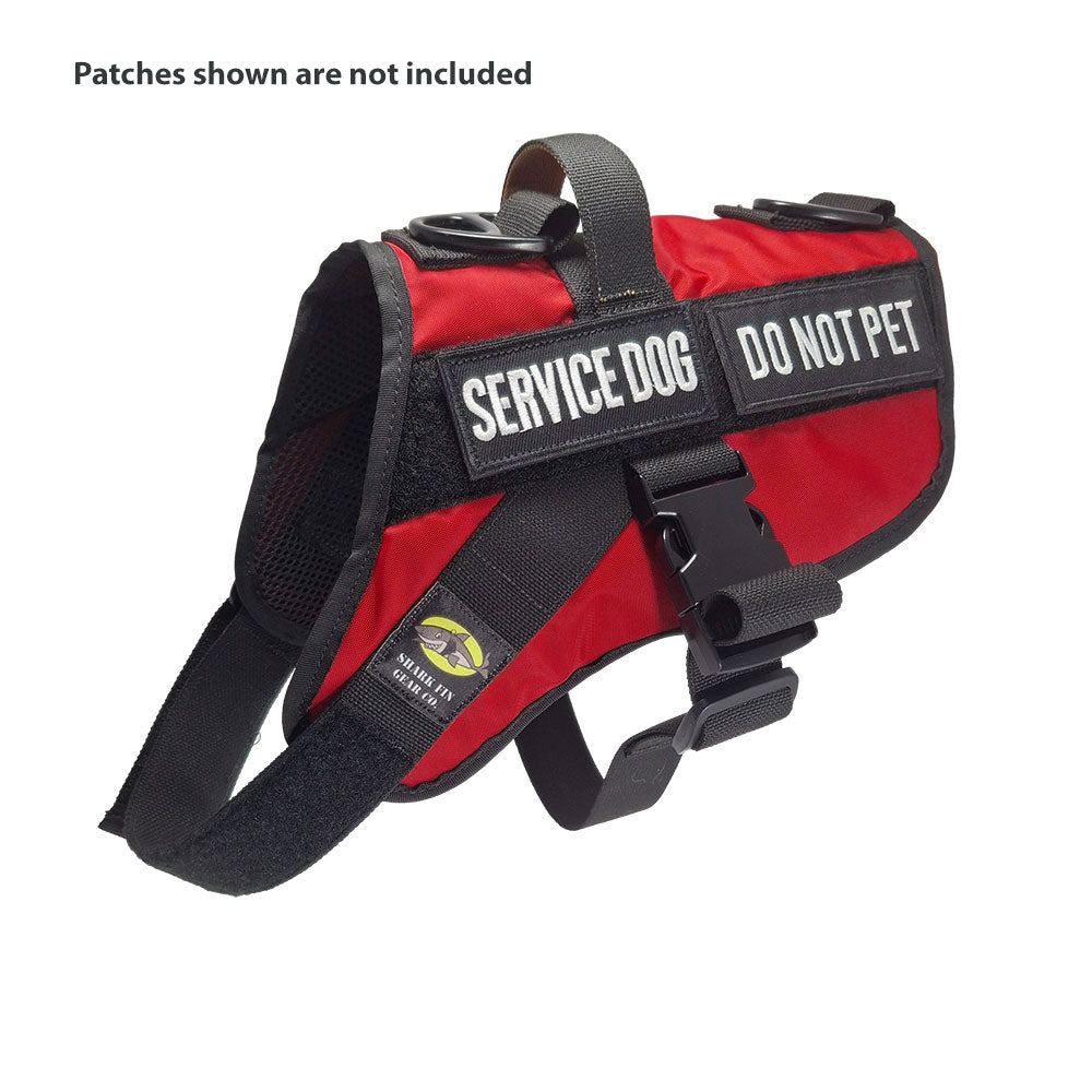 service dog vest medium color red shown with 2 patches