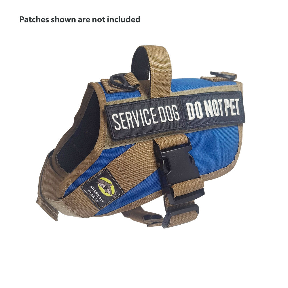 service dog vest small color blue shown with 2 patches