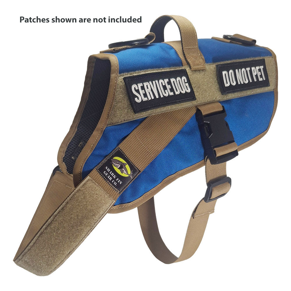 service dog vest xl color blue shown with 2 patches