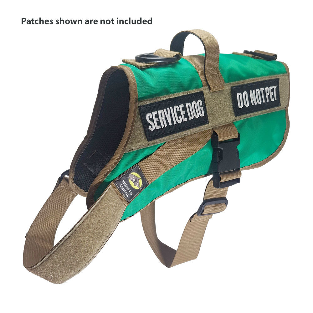 service dog vest xl color green shown with 2 patches