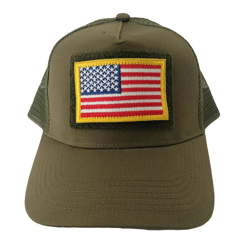 trucker hat olive green front with usa flag patch