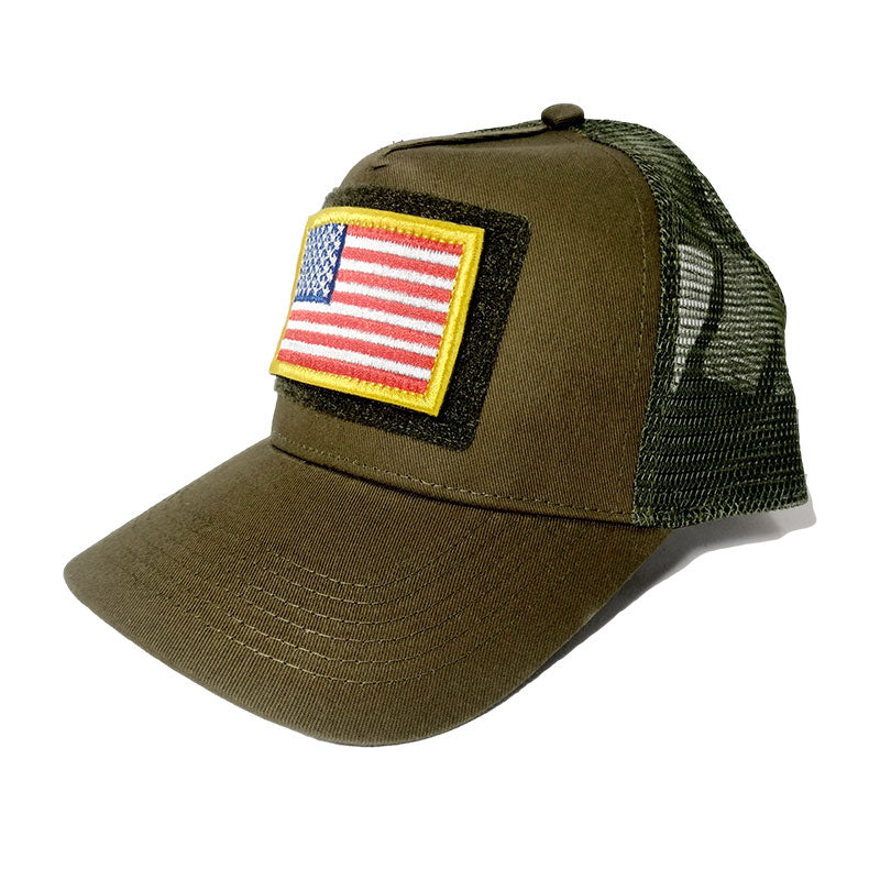 trucker hat olive green front with usa flag patch