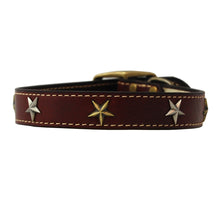 High Quality handmade leather dog collar adorned with brass stars, color burgundy